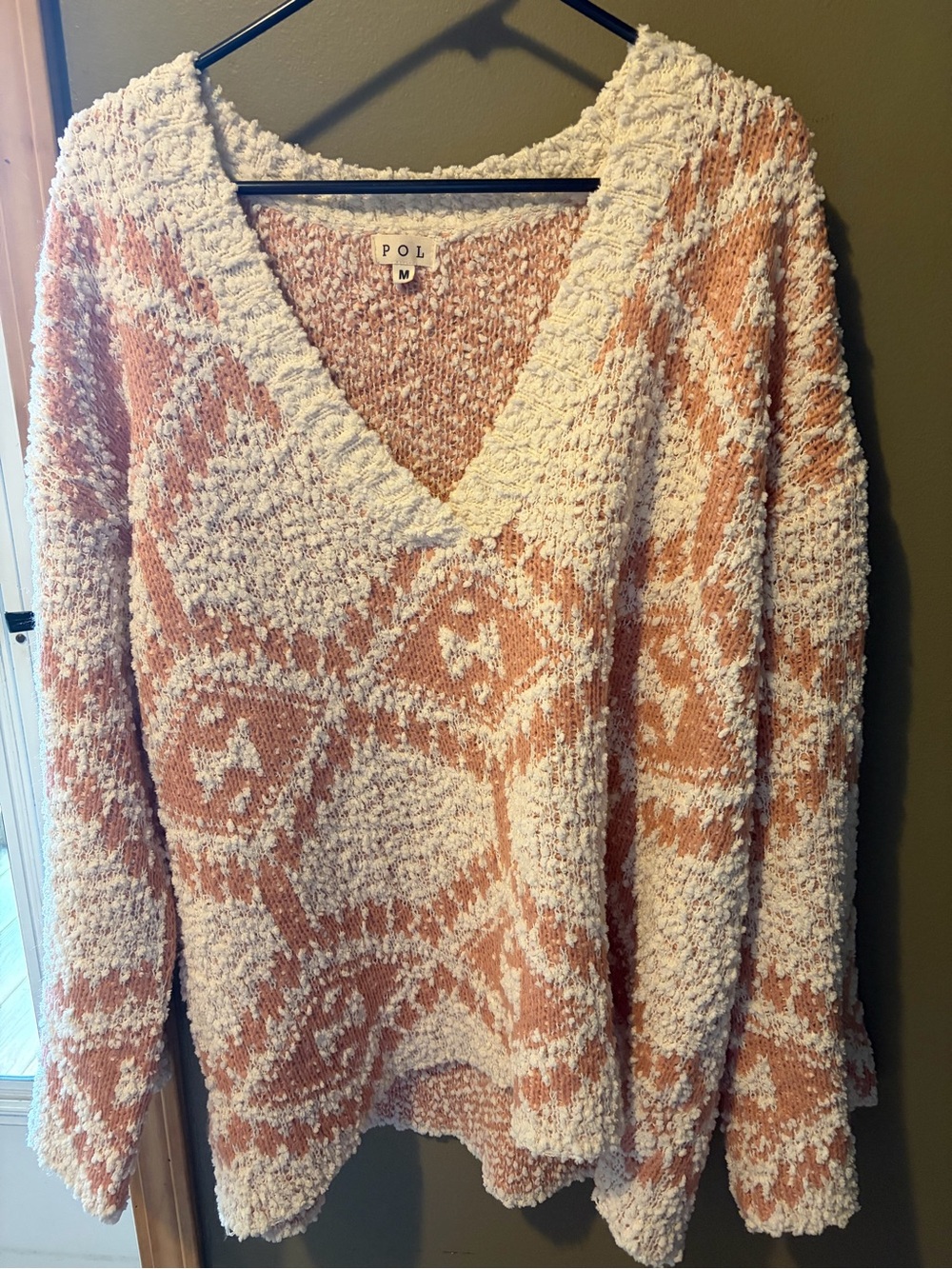 POL V-Neck Geometric Plush Sweater in Cream & Peach